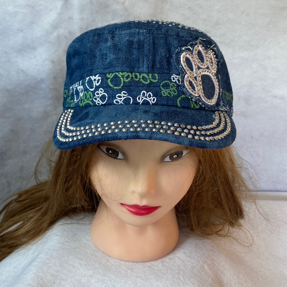 Dark Blue Splash Denim Bling Paw Print Cadet Hat